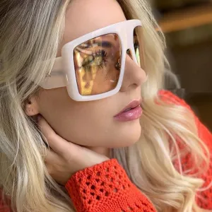 Vintage Women's Beige Large Shield Oversized Celebrity Square Sunglasses