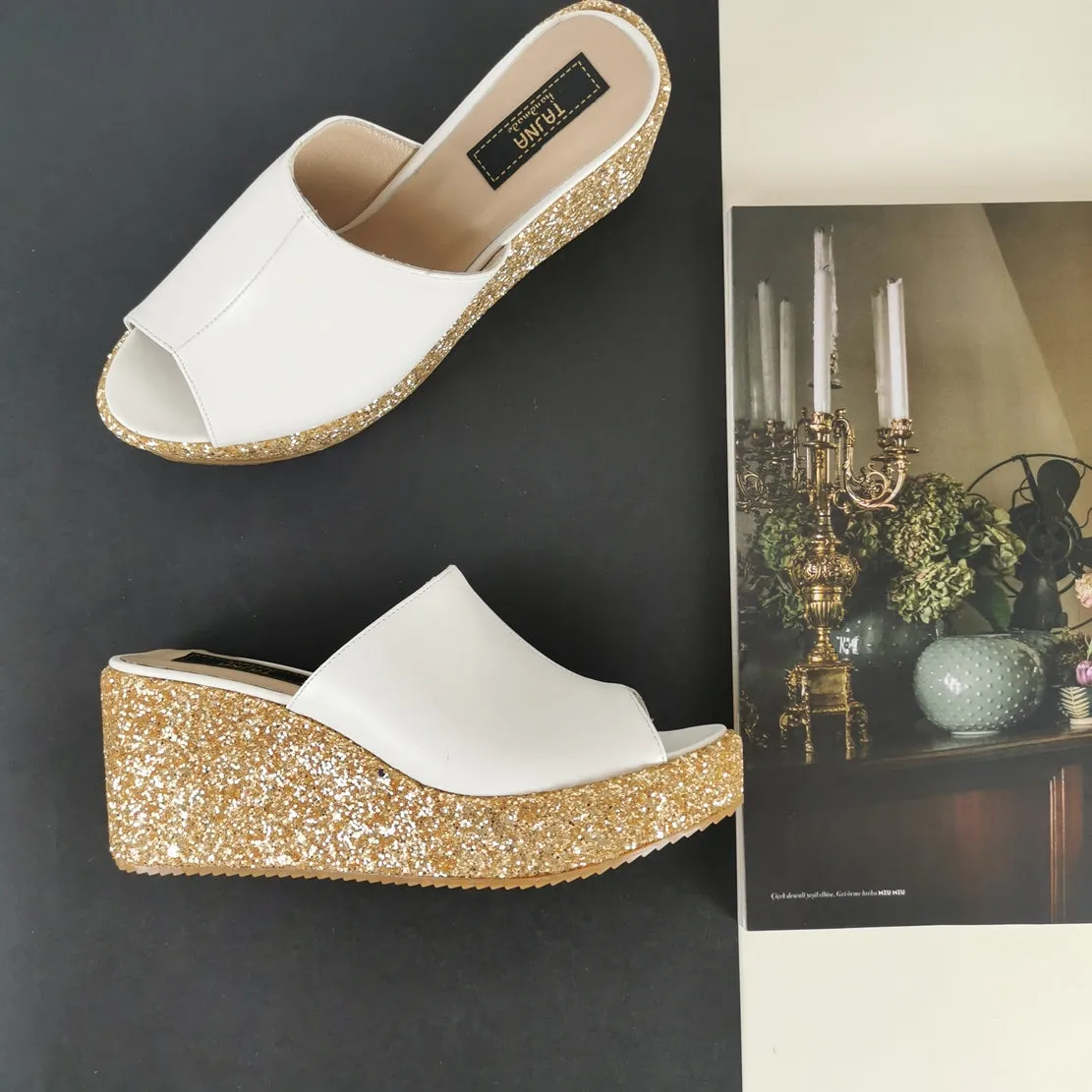 White Gold Glitter Wedge Mules