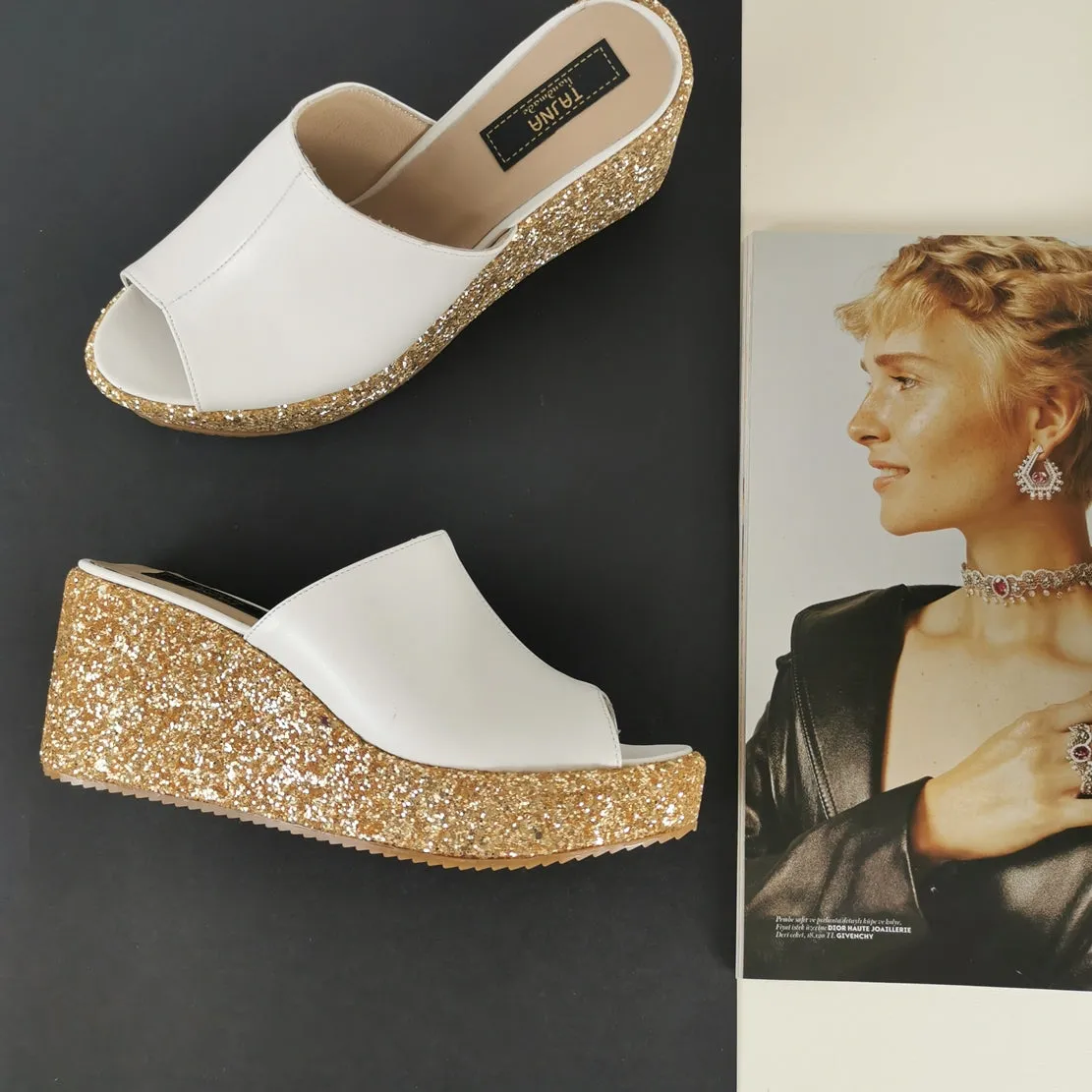 White Gold Glitter Wedge Mules