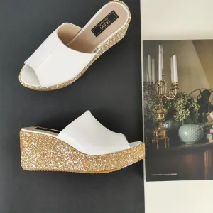White Gold Glitter Wedge Mules