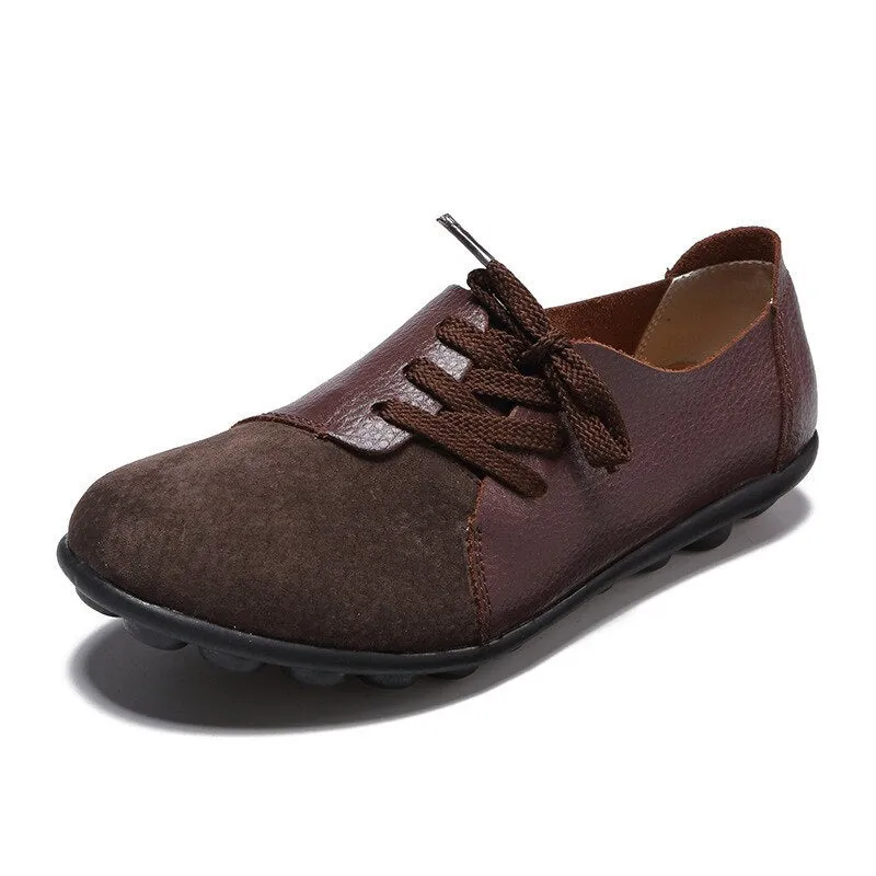 Women Genuine Leather Mules Mixed Color Suede Splicing Comfy Flats Shoes Woman Lace-Up Casual Ladies Driving Shoes