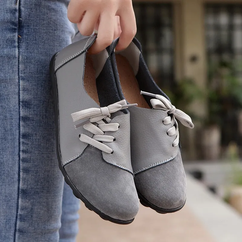 Women Genuine Leather Mules Mixed Color Suede Splicing Comfy Flats Shoes Woman Lace-Up Casual Ladies Driving Shoes