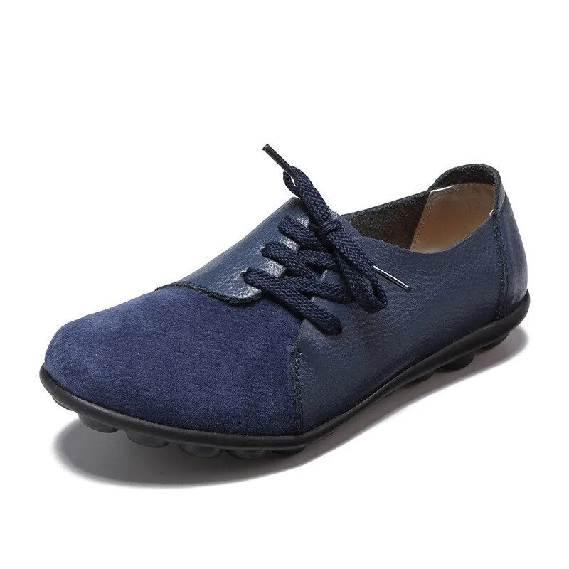 Women Genuine Leather Mules Mixed Color Suede Splicing Comfy Flats Shoes Woman Lace-Up Casual Ladies Driving Shoes