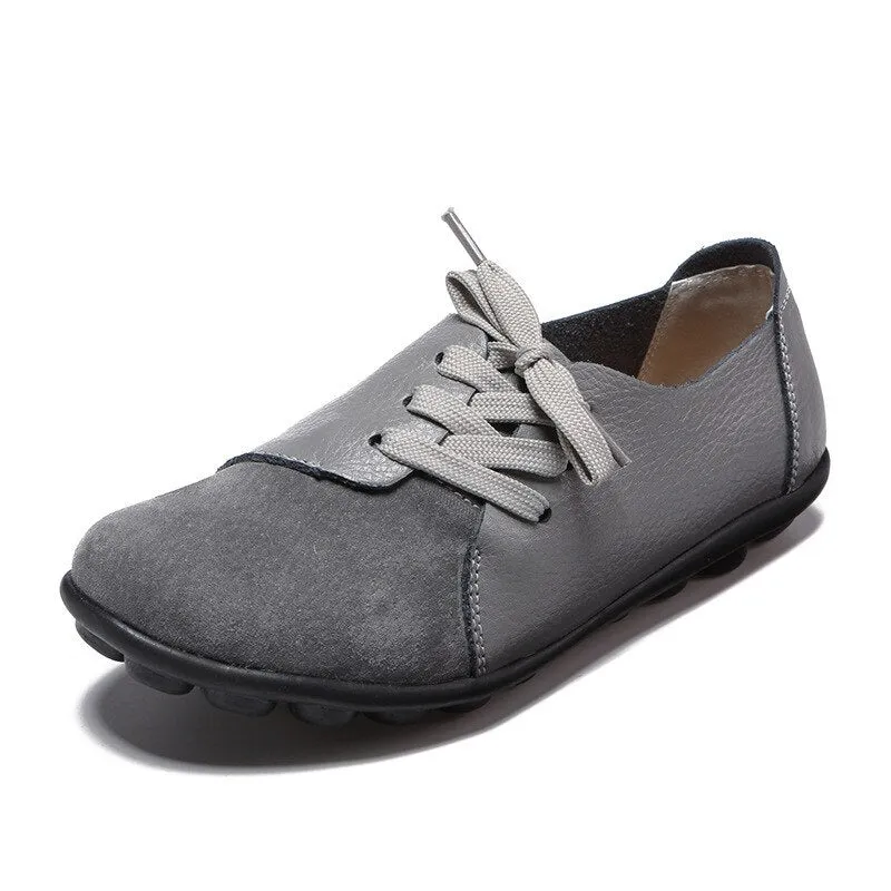 Women Genuine Leather Mules Mixed Color Suede Splicing Comfy Flats Shoes Woman Lace-Up Casual Ladies Driving Shoes