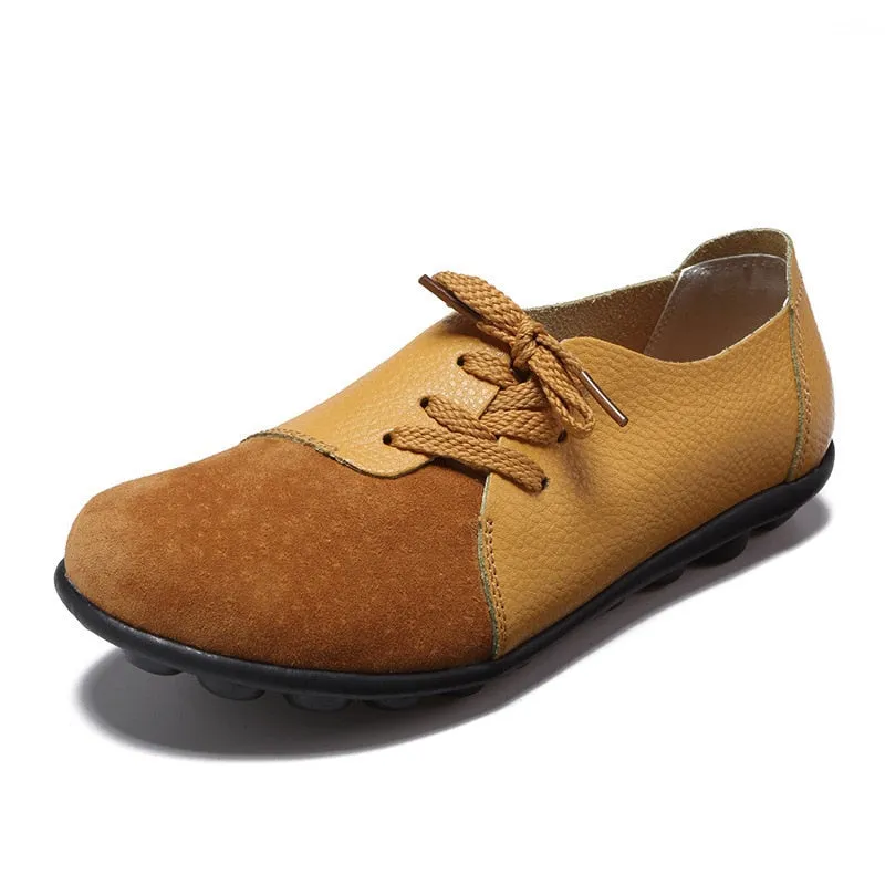 Women Genuine Leather Mules Mixed Color Suede Splicing Comfy Flats Shoes Woman Lace-Up Casual Ladies Driving Shoes
