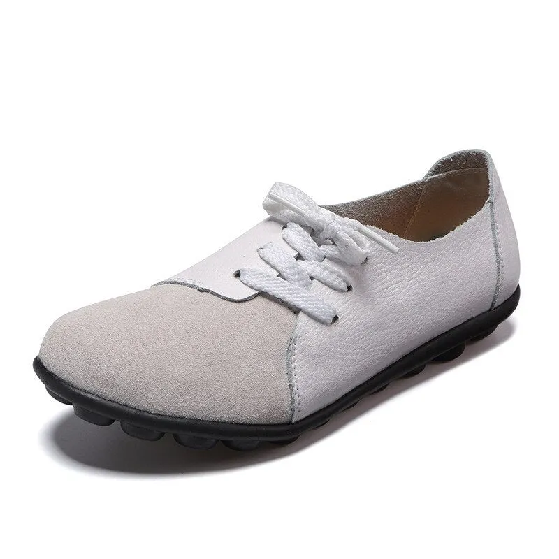 Women Genuine Leather Mules Mixed Color Suede Splicing Comfy Flats Shoes Woman Lace-Up Casual Ladies Driving Shoes