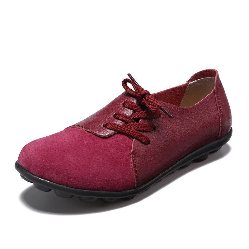 Women Genuine Leather Mules Mixed Color Suede Splicing Comfy Flats Shoes Woman Lace-Up Casual Ladies Driving Shoes