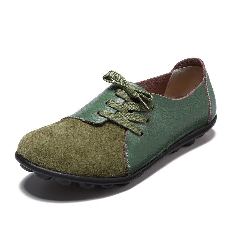 Women Genuine Leather Mules Mixed Color Suede Splicing Comfy Flats Shoes Woman Lace-Up Casual Ladies Driving Shoes