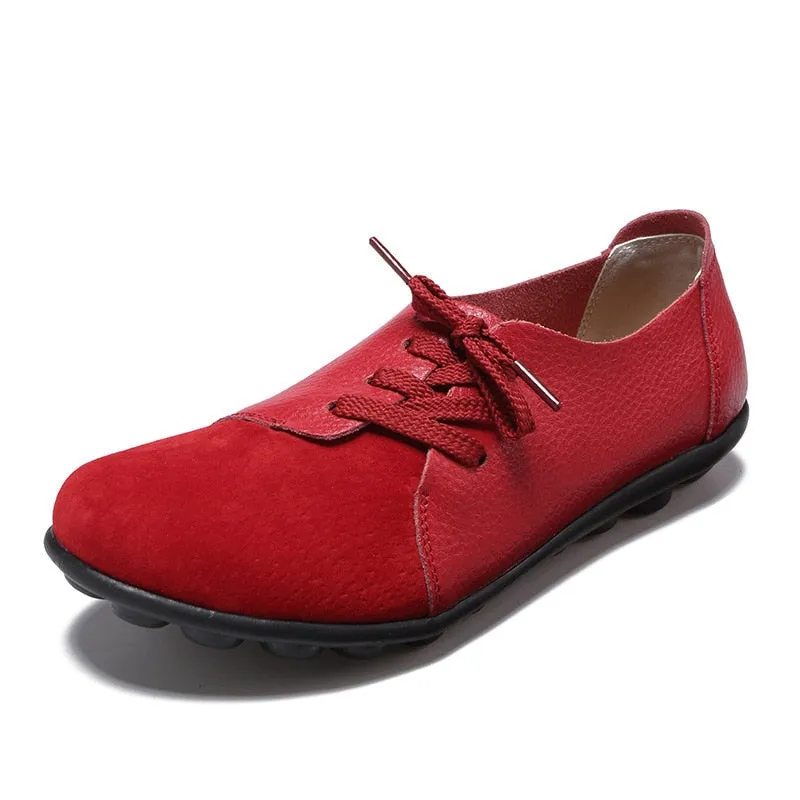 Women Genuine Leather Mules Mixed Color Suede Splicing Comfy Flats Shoes Woman Lace-Up Casual Ladies Driving Shoes