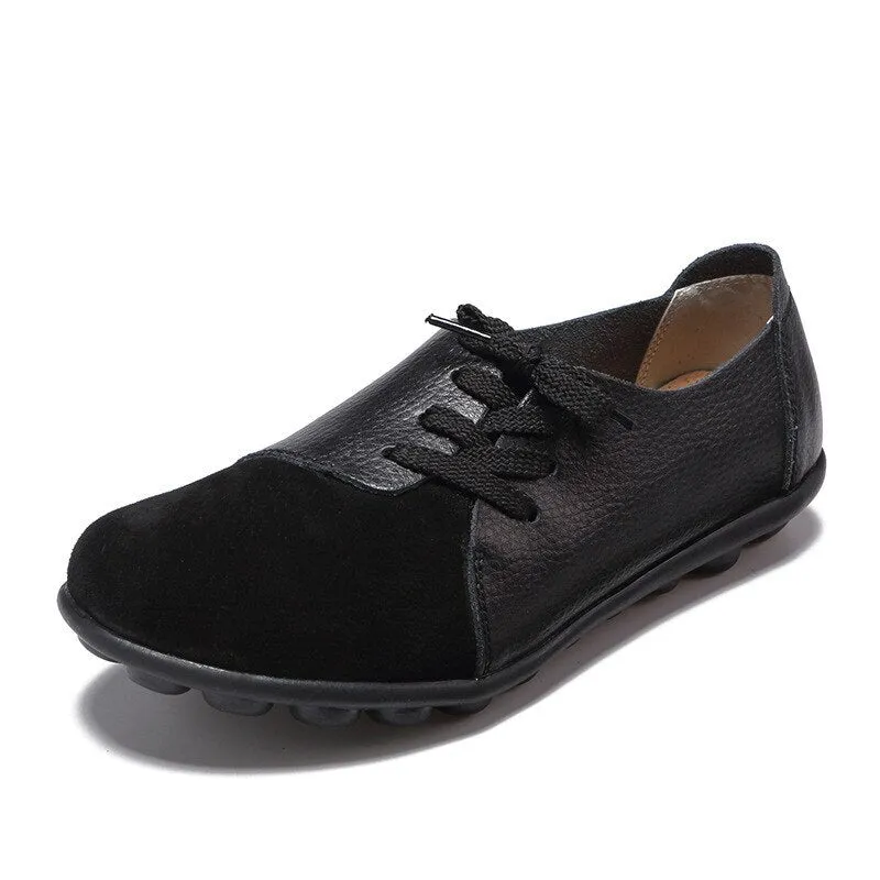 Women Genuine Leather Mules Mixed Color Suede Splicing Comfy Flats Shoes Woman Lace-Up Casual Ladies Driving Shoes