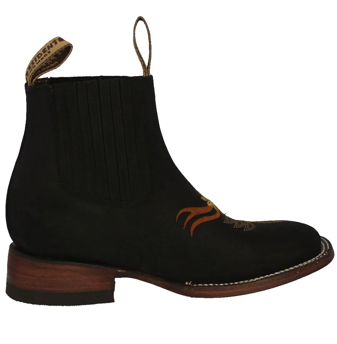 Womens Black Chelsea Leather Floral Ankle Boots - Square Toe