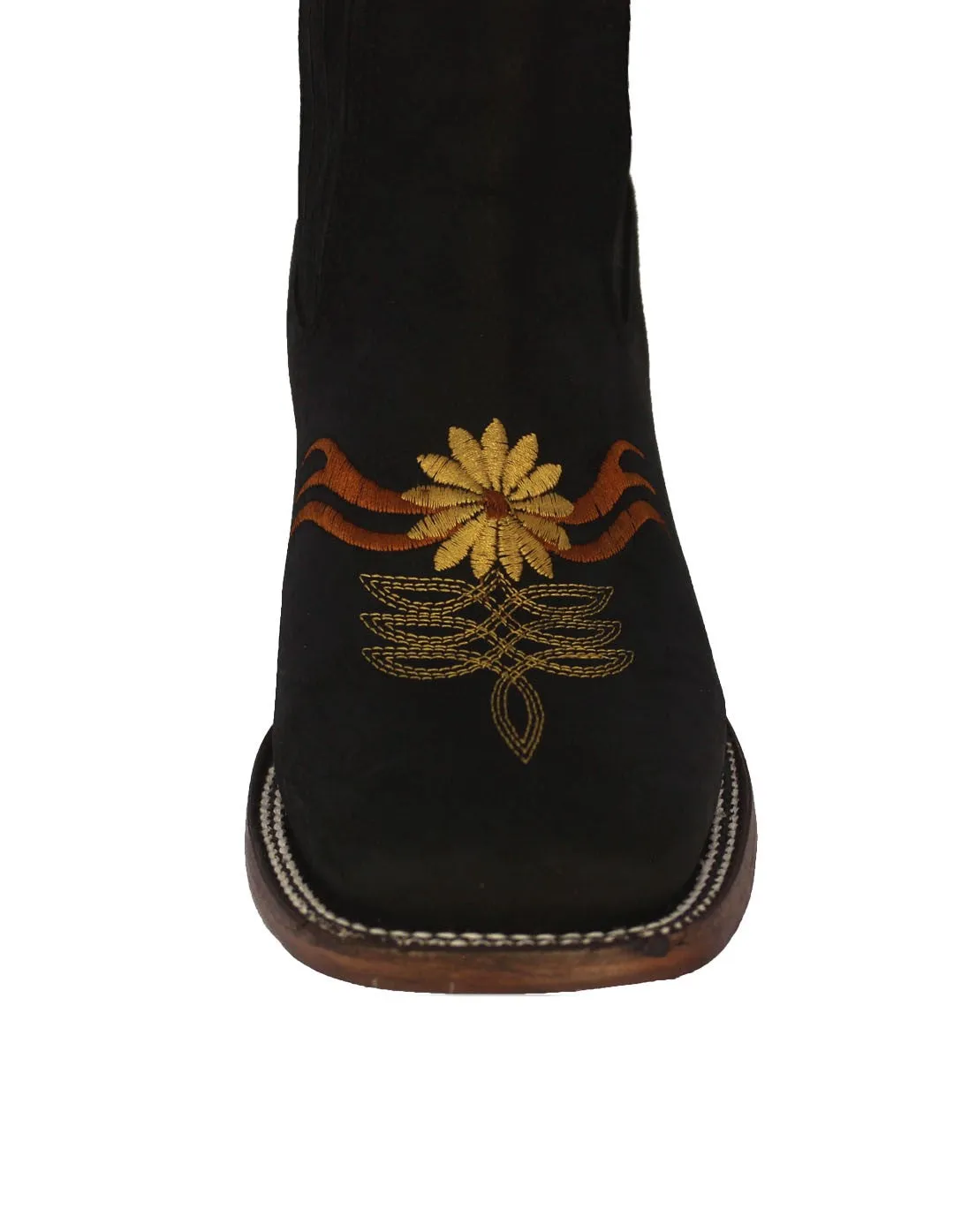 Womens Black Chelsea Leather Floral Ankle Boots - Square Toe