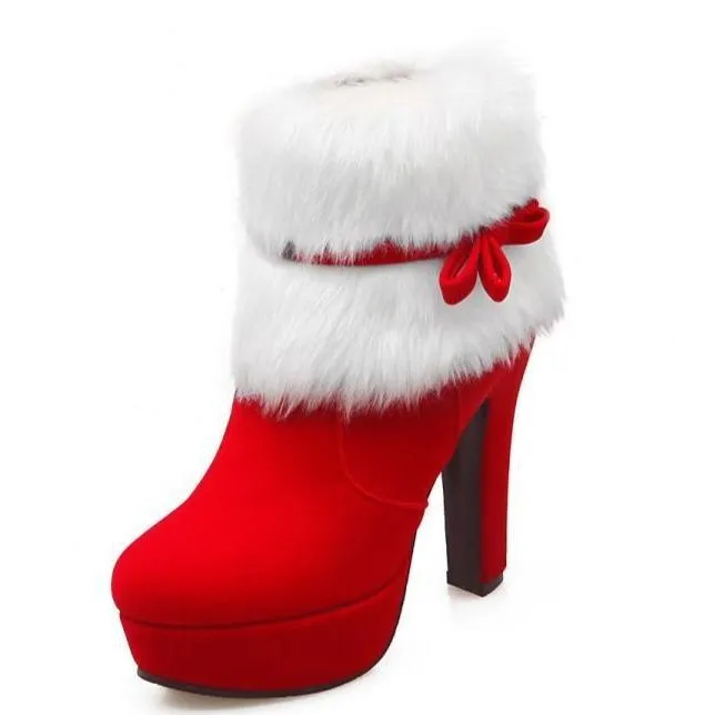 Women's high heeled platform Christmas booties bowknot cute fluffy zipper ankle boots