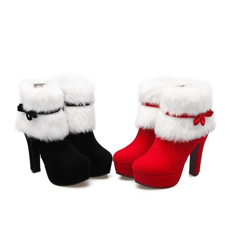 Women's high heeled platform Christmas booties bowknot cute fluffy zipper ankle boots
