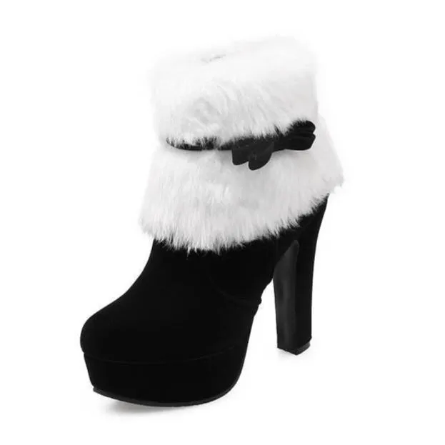 Women's high heeled platform Christmas booties bowknot cute fluffy zipper ankle boots