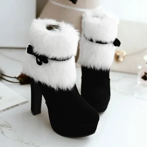 Women's high heeled platform Christmas booties bowknot cute fluffy zipper ankle boots
