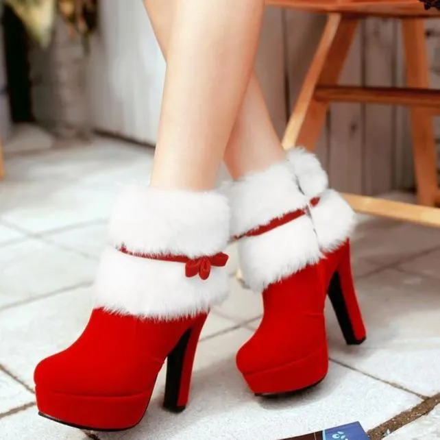 Women's high heeled platform Christmas booties bowknot cute fluffy zipper ankle boots