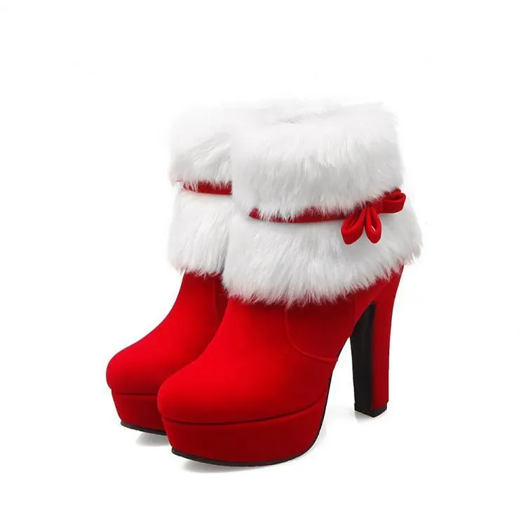 Women's high heeled platform Christmas booties bowknot cute fluffy zipper ankle boots