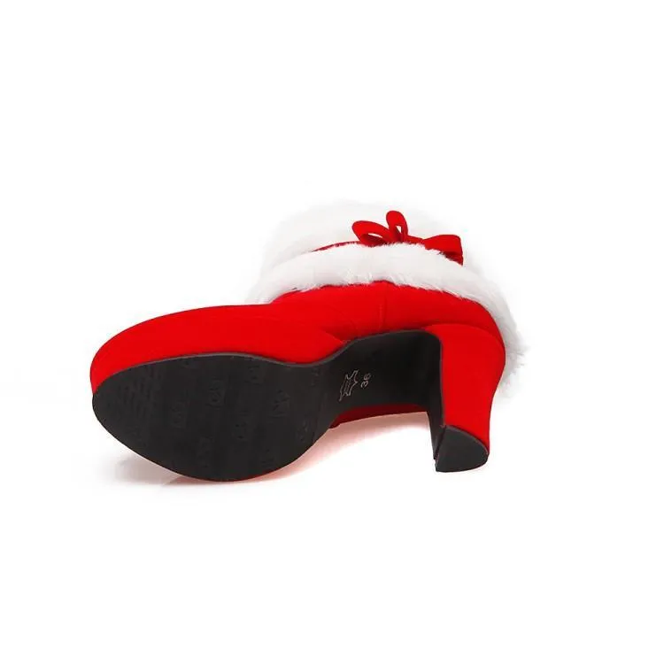 Women's high heeled platform Christmas booties bowknot cute fluffy zipper ankle boots