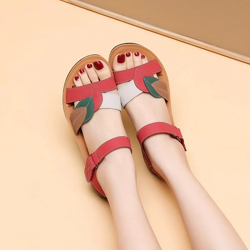Women's Sandals Summer Flat Soft Bottom Non-slip Red Comfortable Soft Leather Shoes
